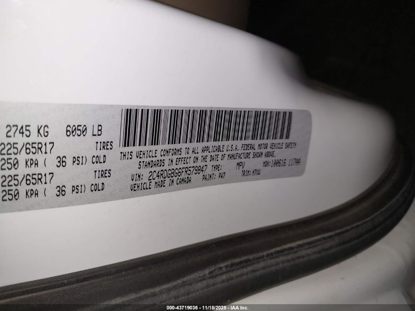 2015 Dodge Grand Caravan American Value Pkg VIN: 2C4RDGBG6FR579847 Lot: 43719036