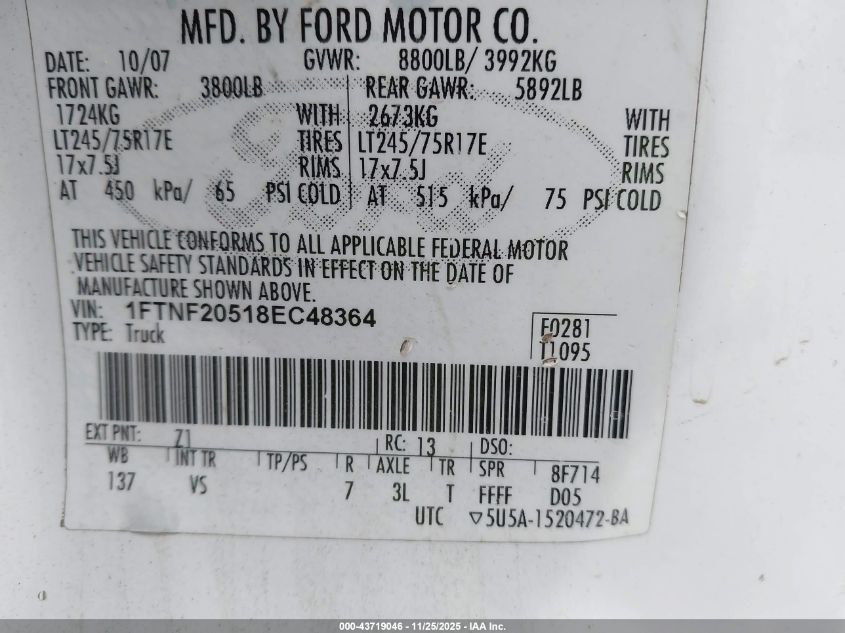 2008 Ford F-250 Xl/Xlt VIN: 1FTNF20518EC48364 Lot: 43719046