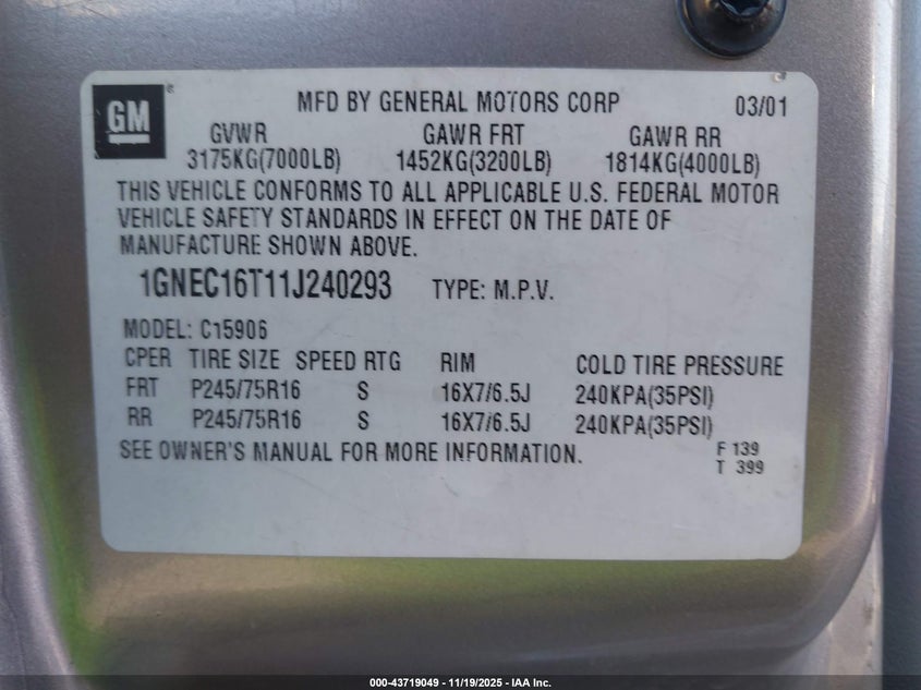 2001 Chevrolet Suburban 1500 Ls VIN: 1GNEC16T11J240293 Lot: 43719049