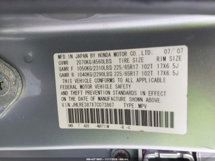 2007 Honda Cr-V Ex-L VIN: JHLRE387X7C073867 Lot: 43719051