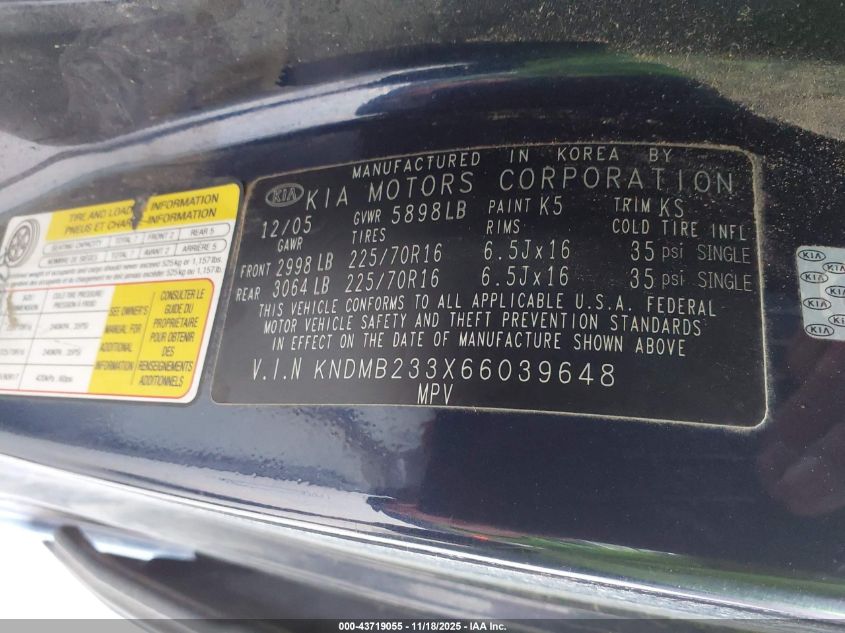 2006 Kia Sedona Ex/Lx VIN: KNDMB233X66039648 Lot: 43719055