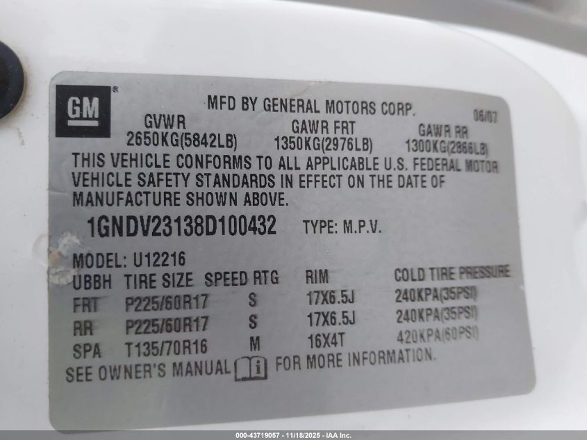 2008 Chevrolet Uplander Ls VIN: 1GNDV23138D100432 Lot: 43719057