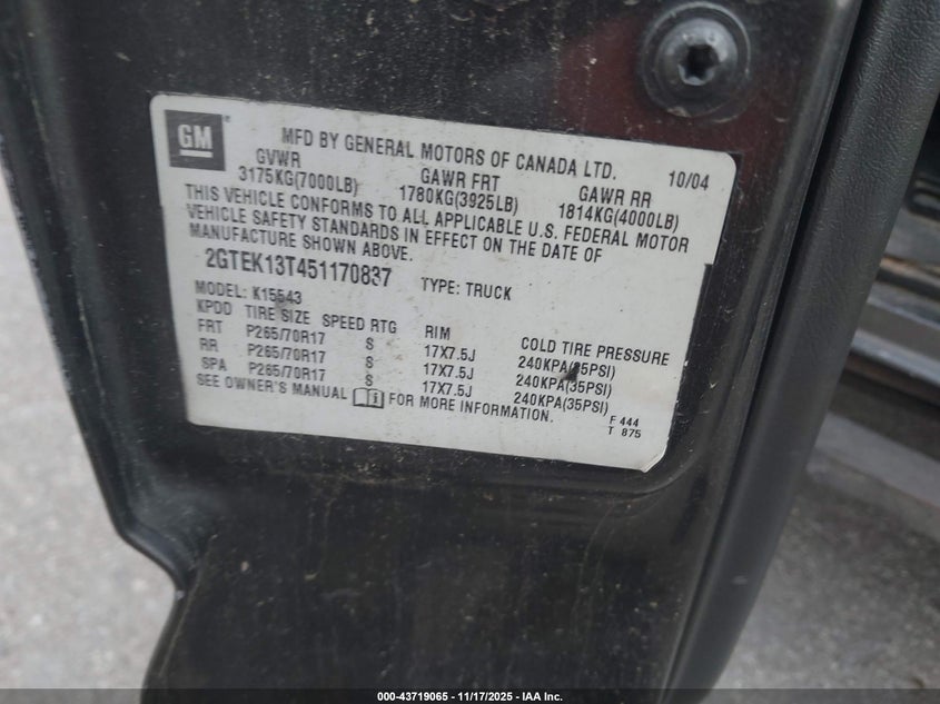 2005 GMC Sierra 1500 Slt VIN: 2GTEK13T451170837 Lot: 43719065