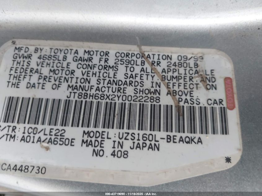 2000 Lexus Gs 400 VIN: JT8BH68X2Y0022288 Lot: 43719090