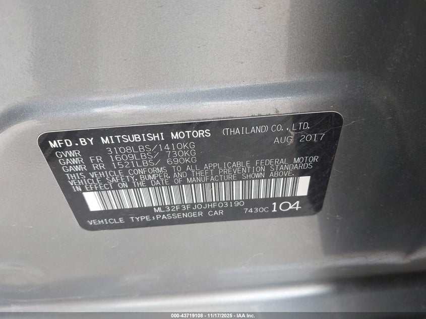 2018 Mitsubishi Mirage Es VIN: ML32F3FJ0JHF0319 Lot: 43719108