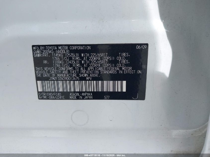 2009 Toyota Rav4 VIN: JTMZF33V29D013675 Lot: 43719118