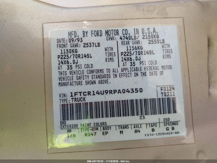 1994 Ford Ranger Super Cab VIN: 1FTCR14U9RPA04350 Lot: 43719123