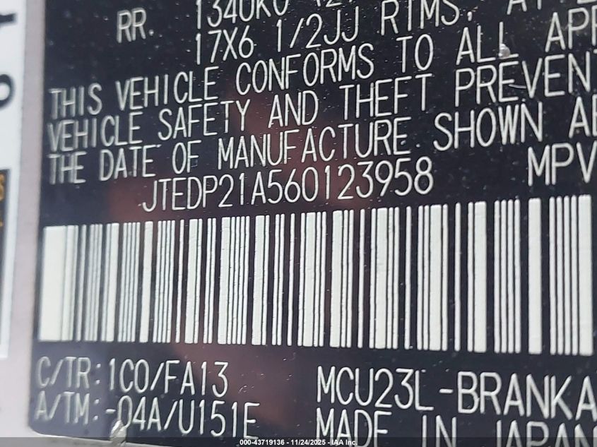 2006 Toyota Highlander Limited V6 VIN: JTEDP21A560123958 Lot: 43719136