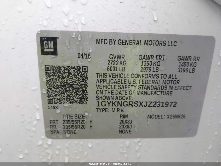 2018 Cadillac Xt5 Platinum VIN: 1GYKNGRSXJZ231972 Lot: 43719139