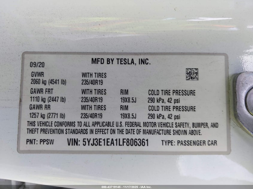 2020 Tesla Model 3 Standard Range Plus Rear-Wheel Drive/Standard Range Rear-Wheel Drive VIN: 5YJ3E1EA1LF806361 Lot: 43719145