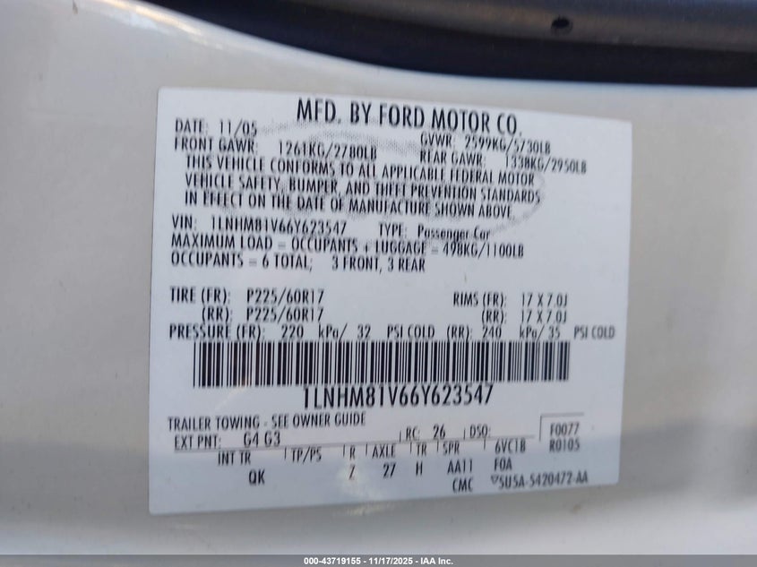 2006 Lincoln Town Car Signature VIN: 1LNHM81V66Y623547 Lot: 43719155