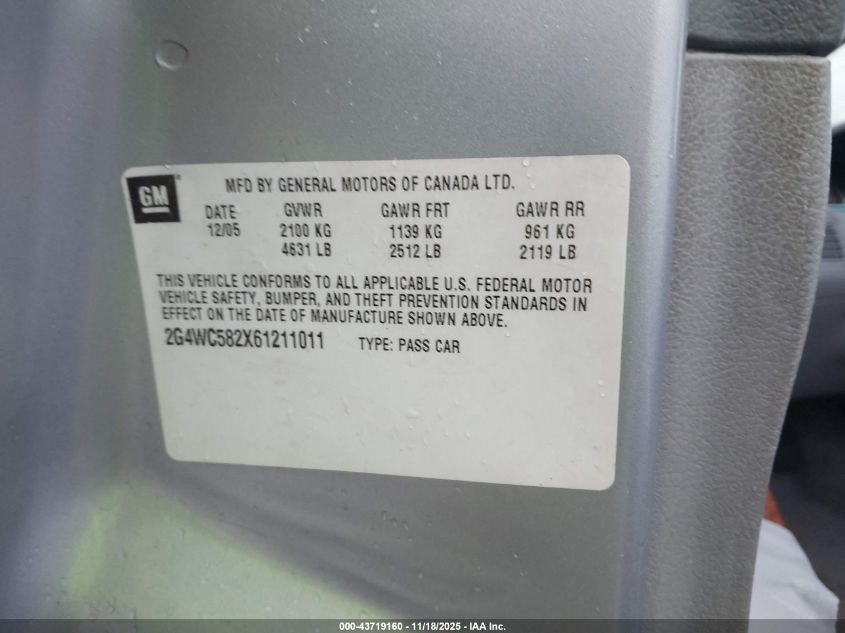 2006 Buick Lacrosse Cx VIN: 2G4WC582X61211011 Lot: 43719160