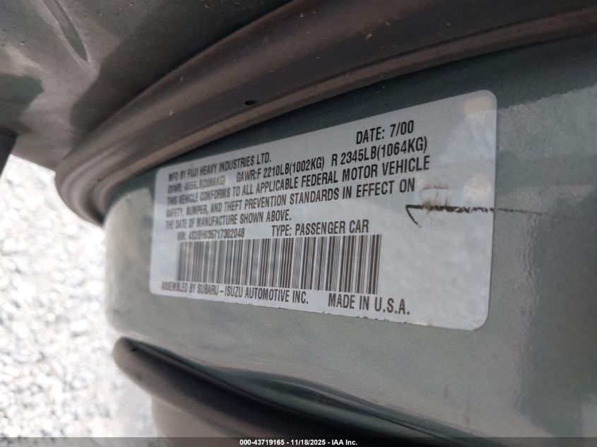 2001 Subaru Legacy L VIN: 4S3BH635717302048 Lot: 43719165