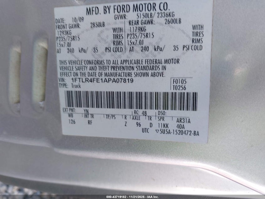 2010 Ford Ranger Sport/Xlt VIN: 1FTLR4FE1APA07819 Lot: 43719182