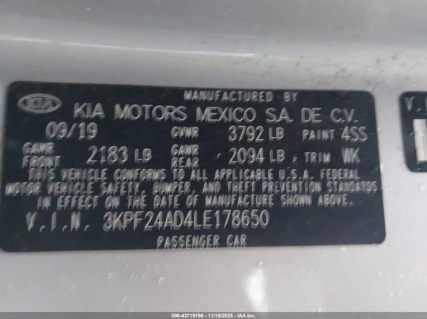 2020 Kia Forte Lxs VIN: 3KPF24AD4LE178650 Lot: 43719196