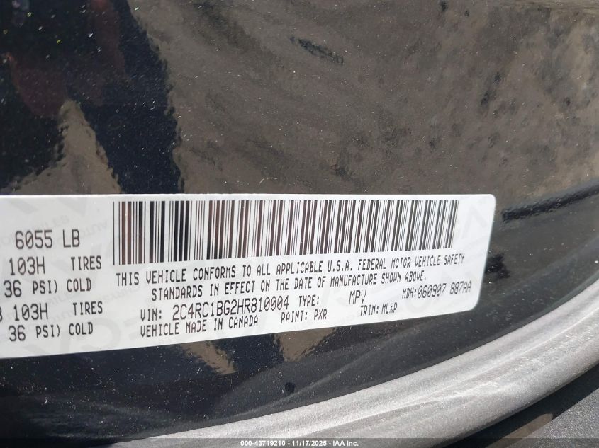 2017 Chrysler Pacifica Touring-L VIN: 2C4RC1BG2HR810004 Lot: 43719210