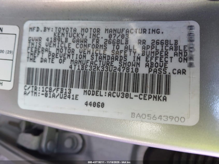 2003 Toyota Camry Le VIN: 4T1BE32K33U247810 Lot: 43719211