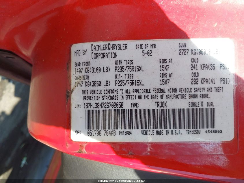 2002 Dodge Dakota Sport VIN: 1B7HL38N72S702058 Lot: 43719217