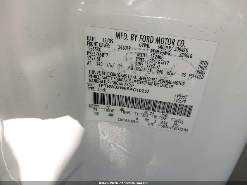 2006 Ford F-150 Xlt VIN: 1FTRW02W66KC10252 Lot: 43719226