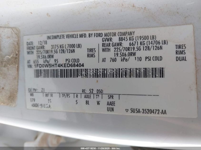 2019 Ford F-550 Chassis Xl VIN: 1FD0W5HT4KED68404 Lot: 43719238