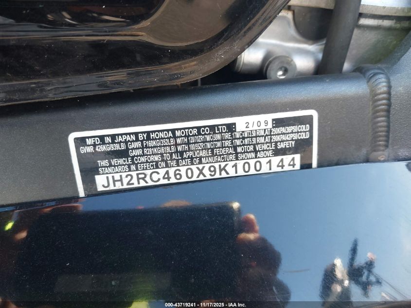 2009 Honda Vfr800 VIN: JH2RC460X9K100144 Lot: 43719241