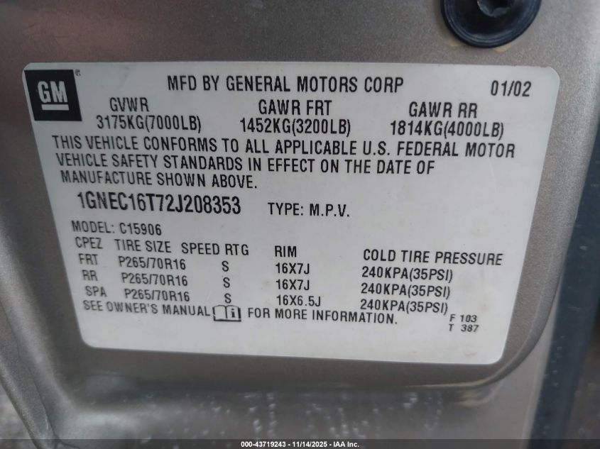 2002 Chevrolet Suburban 1500 Lt VIN: 1GNEC16T72J208353 Lot: 43719243