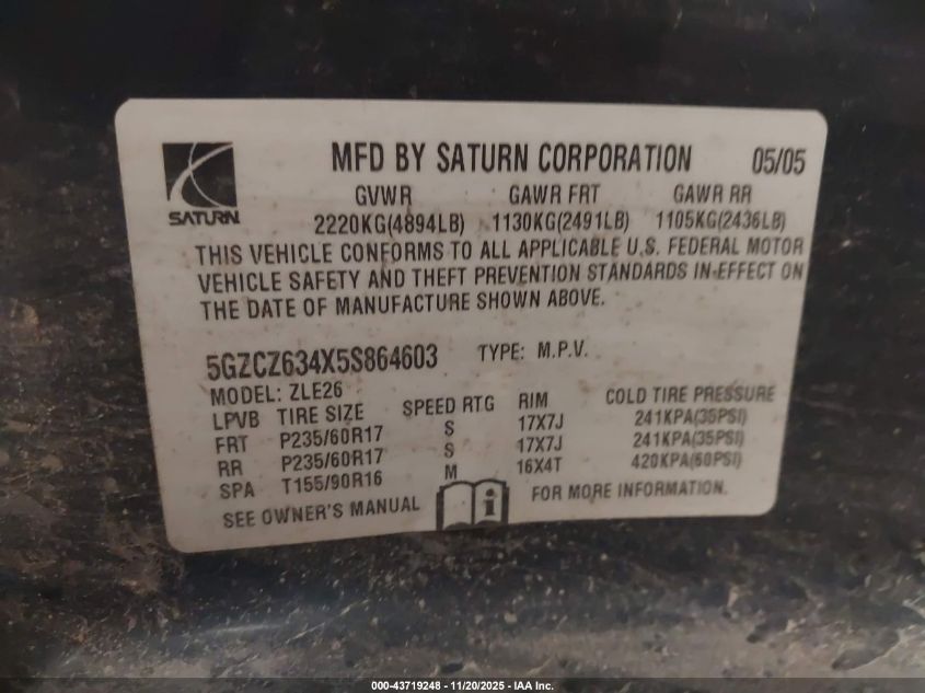 2005 Saturn Vue V6 VIN: 5GZCZ634X5S864603 Lot: 43719248