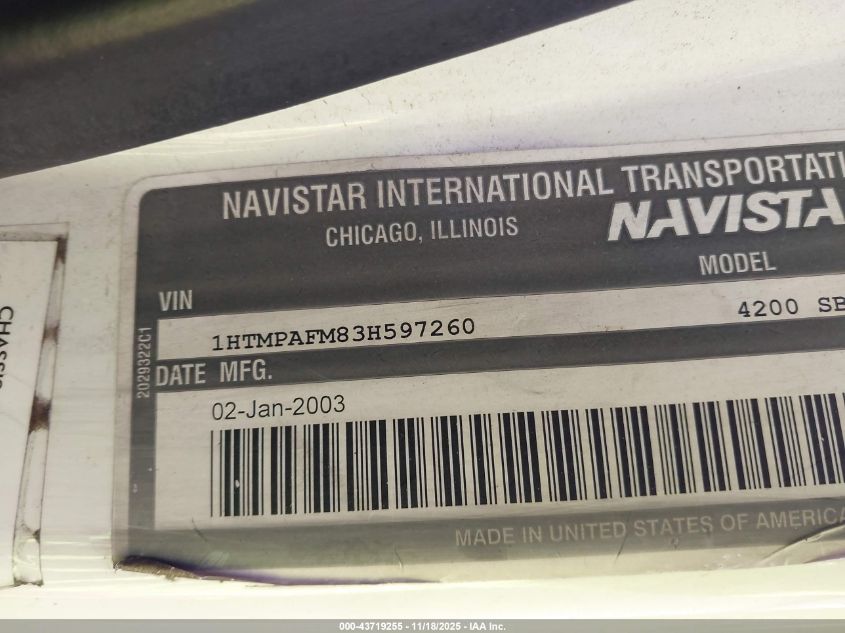 2003 International 4000 4200 VIN: 1HTMPAFM83H597260 Lot: 43719255