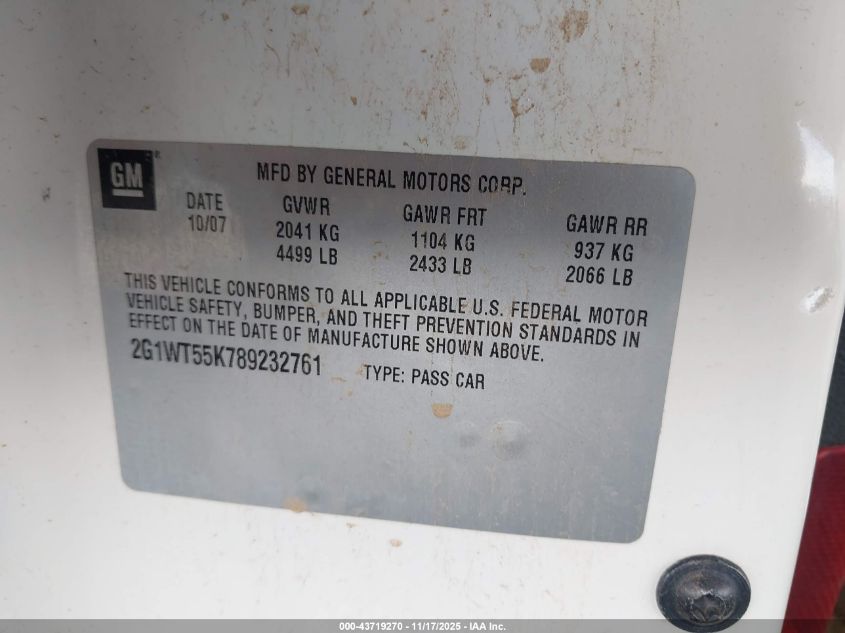 2008 Chevrolet Impala Lt VIN: 2G1WT55K789232761 Lot: 43719270