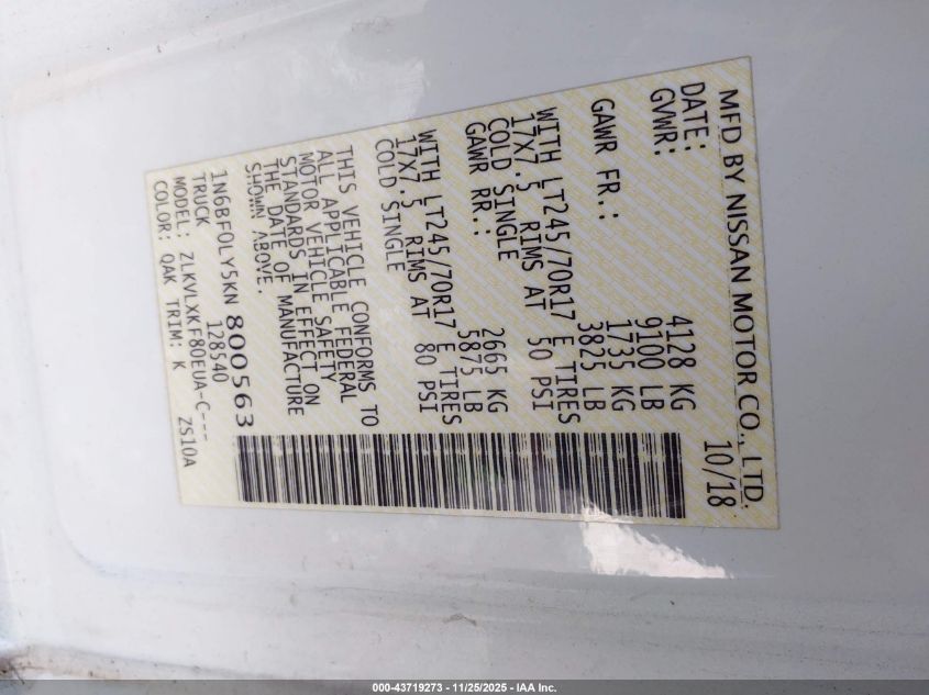 2019 Nissan Nv Cargo Nv2500 Hd Sv V6 VIN: 1N6BF0LY5KN800563 Lot: 43719273