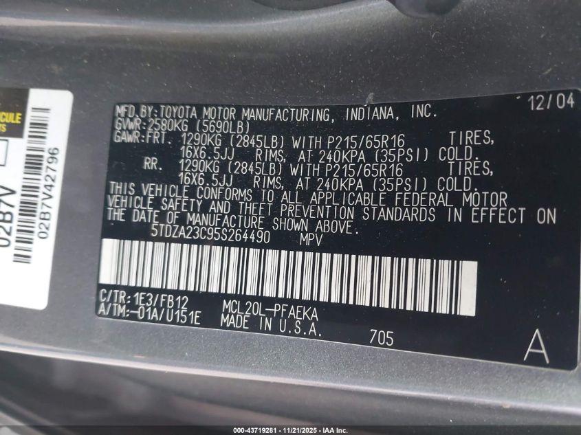 2005 Toyota Sienna Le VIN: 5TDZA23C95S264490 Lot: 43719281