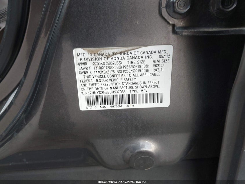 2012 Acura Mdx Advance Package VIN: 2HNYD2H69CH537066 Lot: 43719294