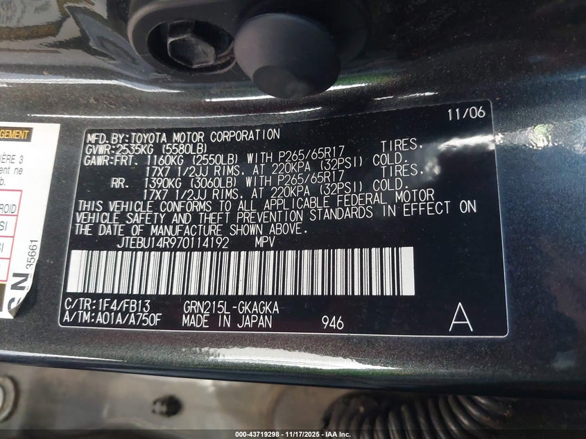 JTEBU14R970114192 2007 TOYOTA 4RUNNER photo no. 9