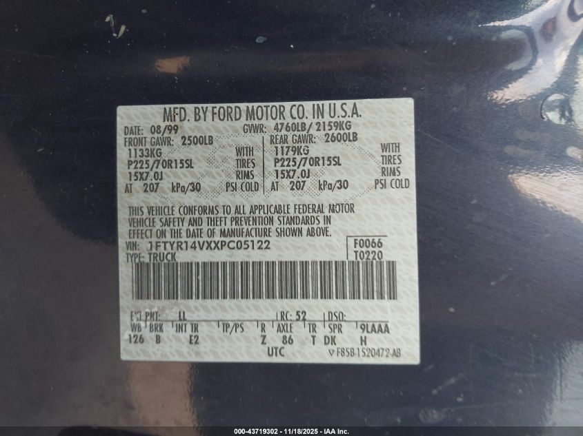 1999 Ford Ranger Xl/Xlt VIN: 1FTYR14VXXPC05122 Lot: 43719302