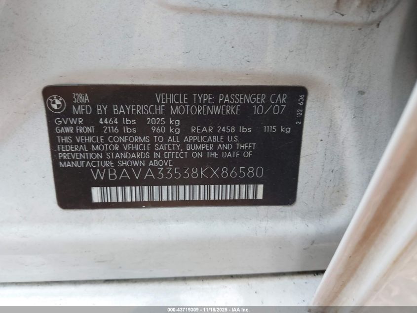 2008 BMW 328I VIN: WBAVA33538KX86580 Lot: 43719309