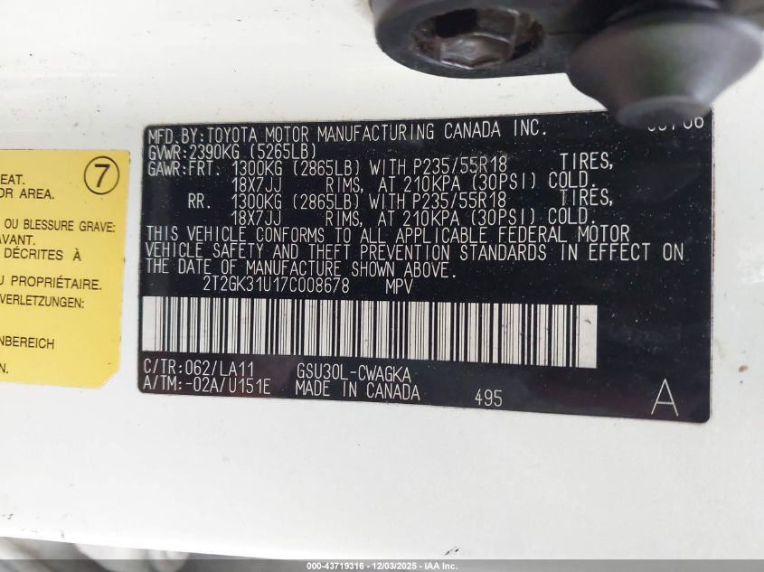 2007 Lexus Rx 350 VIN: 2T2GK31U17C008678 Lot: 43719316