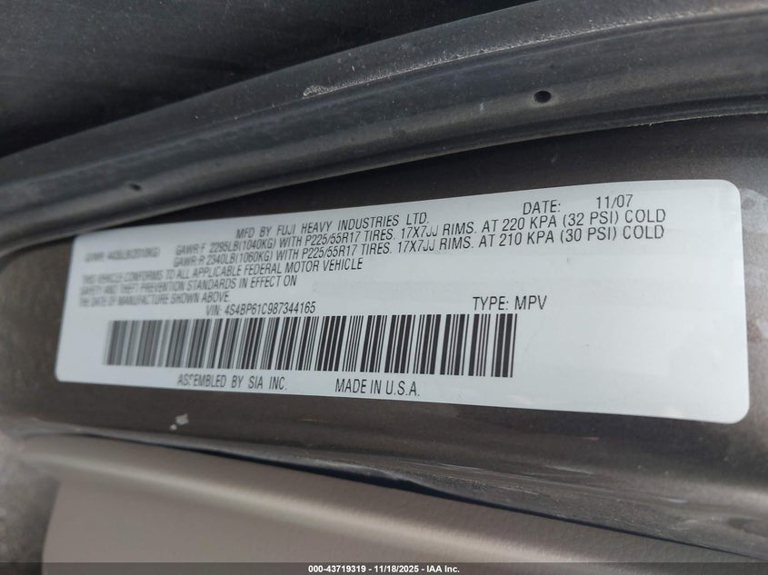 2008 Subaru Outback 2.5I/2.5I L.l. Bean Edition VIN: 4S4BP61C987344165 Lot: 43719319