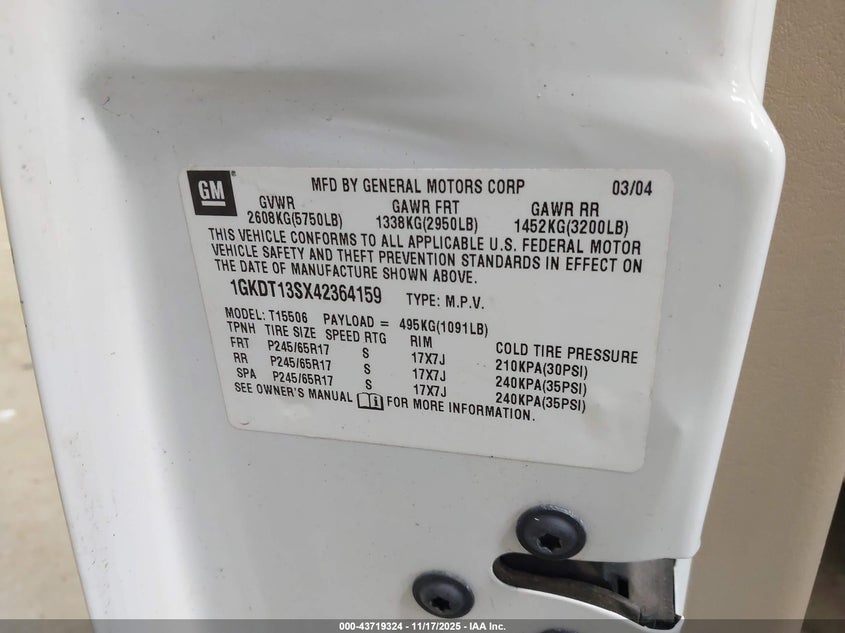 2004 GMC Envoy Sle VIN: 1GKDT13SX42364159 Lot: 43719324