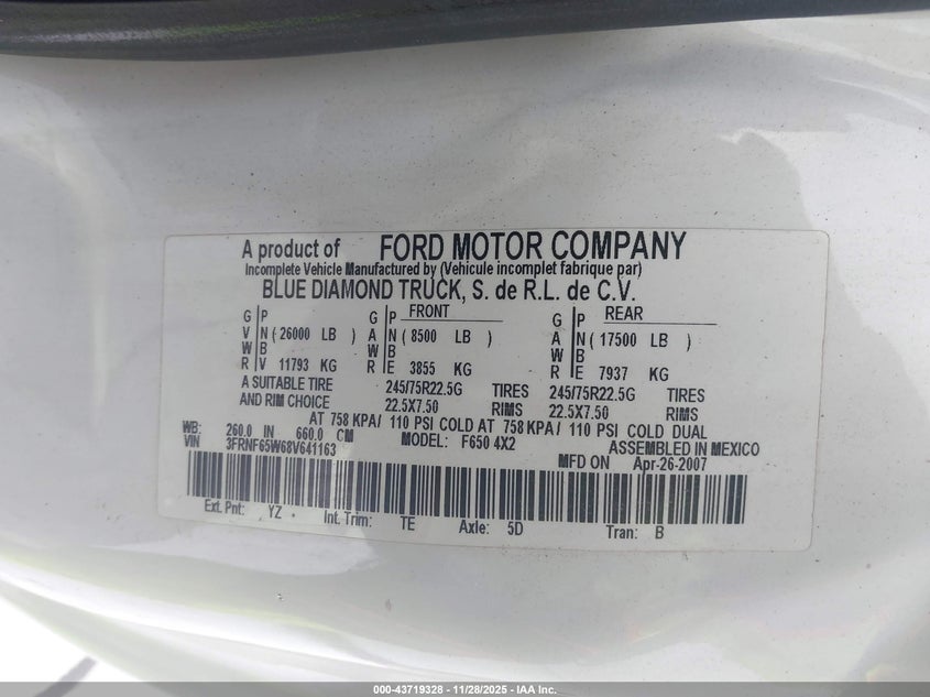 2008 Ford F-650 Xl/Xlt VIN: 3FRNF65W68V641163 Lot: 43719328