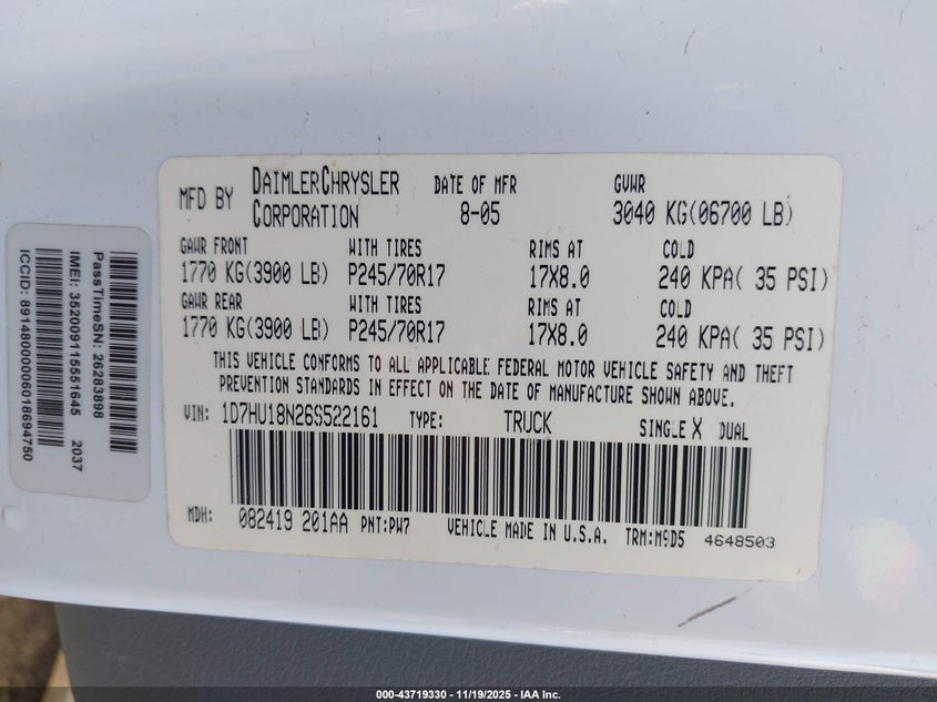 2006 Dodge Ram 1500 Slt/Trx4 Off Road/Sport VIN: 1D7HU18N26S522161 Lot: 43719330