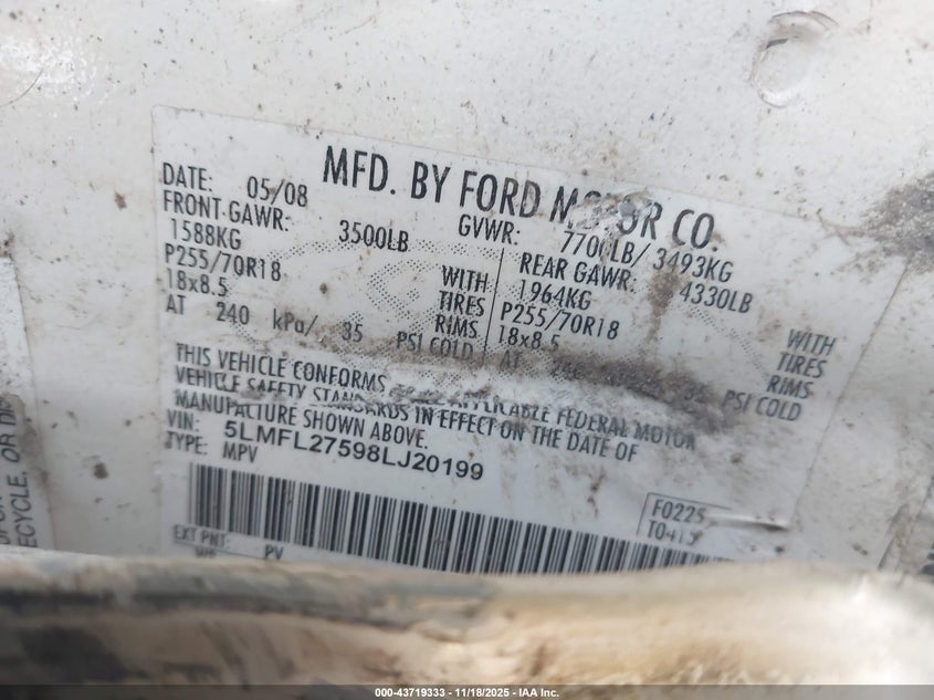 2008 Lincoln Navigator L VIN: 5LMFL27598LJ20199 Lot: 43719333