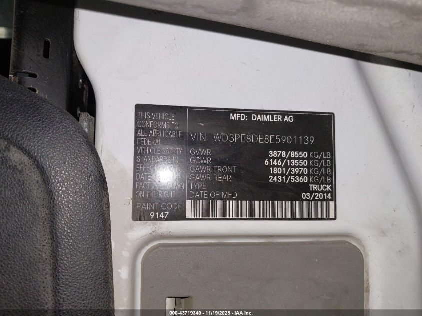2014 Mercedes-Benz Sprinter 2500 High Roof VIN: WD3PE8DE8E5901139 Lot: 43719340