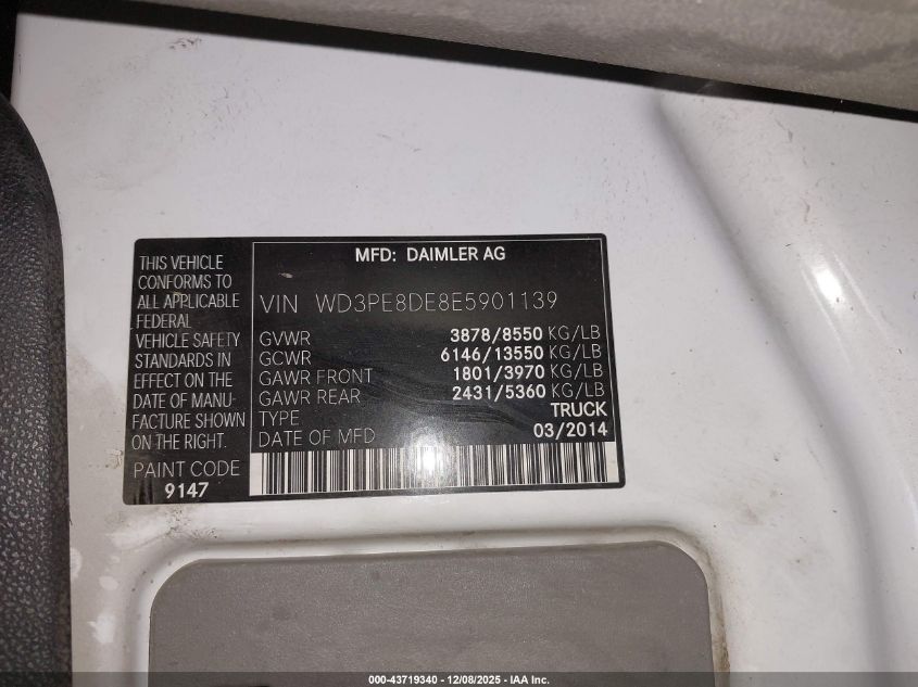 2014 Mercedes-Benz Sprinter 2500 High Roof VIN: WD3PE8DE8E5901139 Lot: 43719340