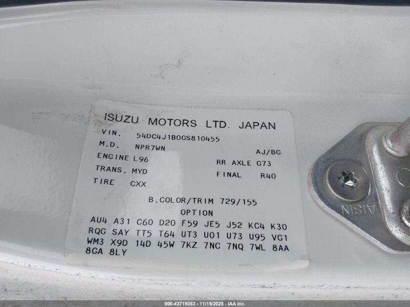 2016 Isuzu Npr Hd Gas Crew VIN: 54DC4J1B0GS810455 Lot: 43719353