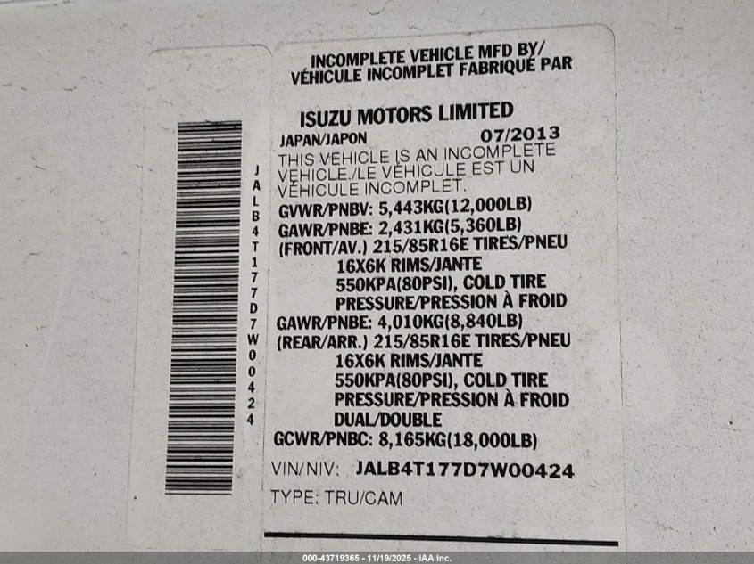 2013 Isuzu Commercial Van VIN: JALB4T177D7W00424 Lot: 43719365