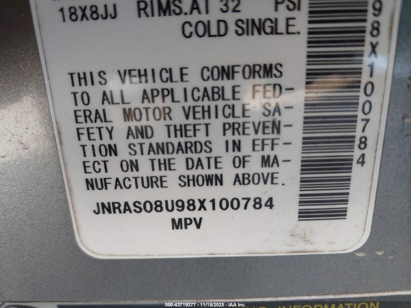 2008 Infiniti Fx35 VIN: JNRAS08U98X100784 Lot: 43719377