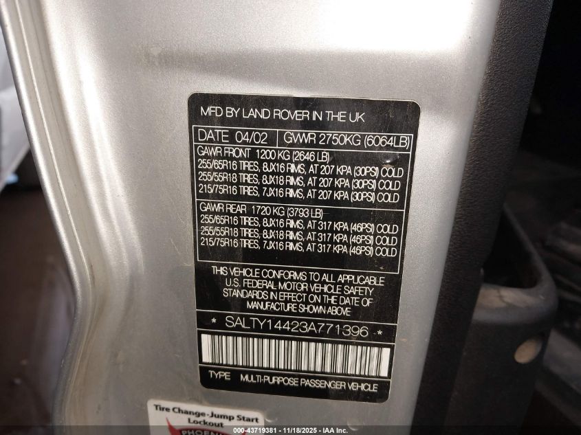 2003 Land Rover Discovery Se VIN: SALTY14423A771396 Lot: 43719381