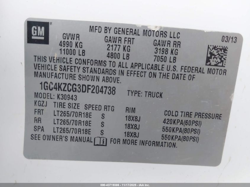 2013 Chevrolet Silverado 3500Hd Work Truck VIN: 1GC4KZCG3DF204738 Lot: 43719386