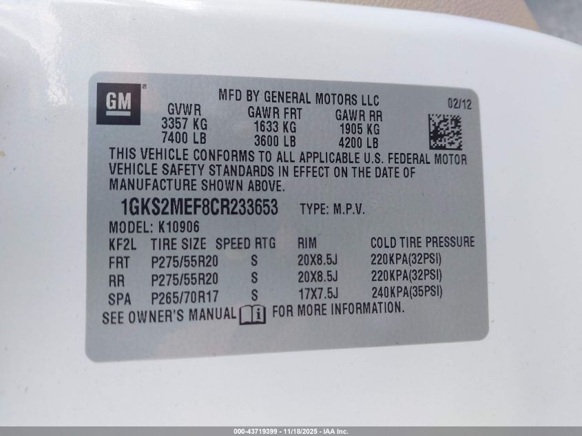 2012 GMC Yukon Xl 1500 Denali VIN: 1GKS2MEF8CR233653 Lot: 43719399