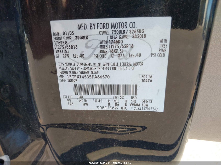 2005 Ford F-150 Fx4/Lariat/Xl/Xlt VIN: 1FTPX14535FA66570 Lot: 43719403